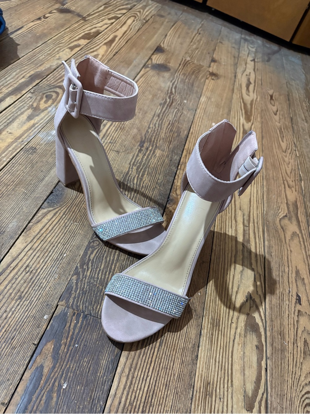 Women's Blush Pink Ankle Strap Block Heel Sandals with Rhinestone Toe